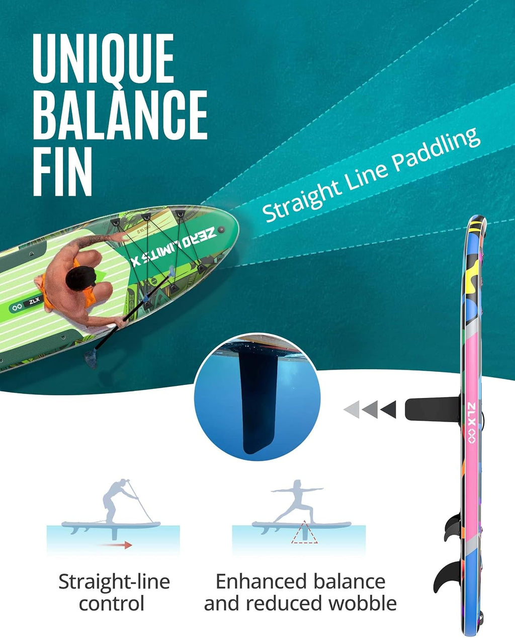 ZLX Inflatable Stand Up Paddle Board, 10'6' SUP Non-Slip Stable Deck Pad, Unique Center Fin, Premium Accessories, Paddleboard for Adults, Beginners, All Skill Levels