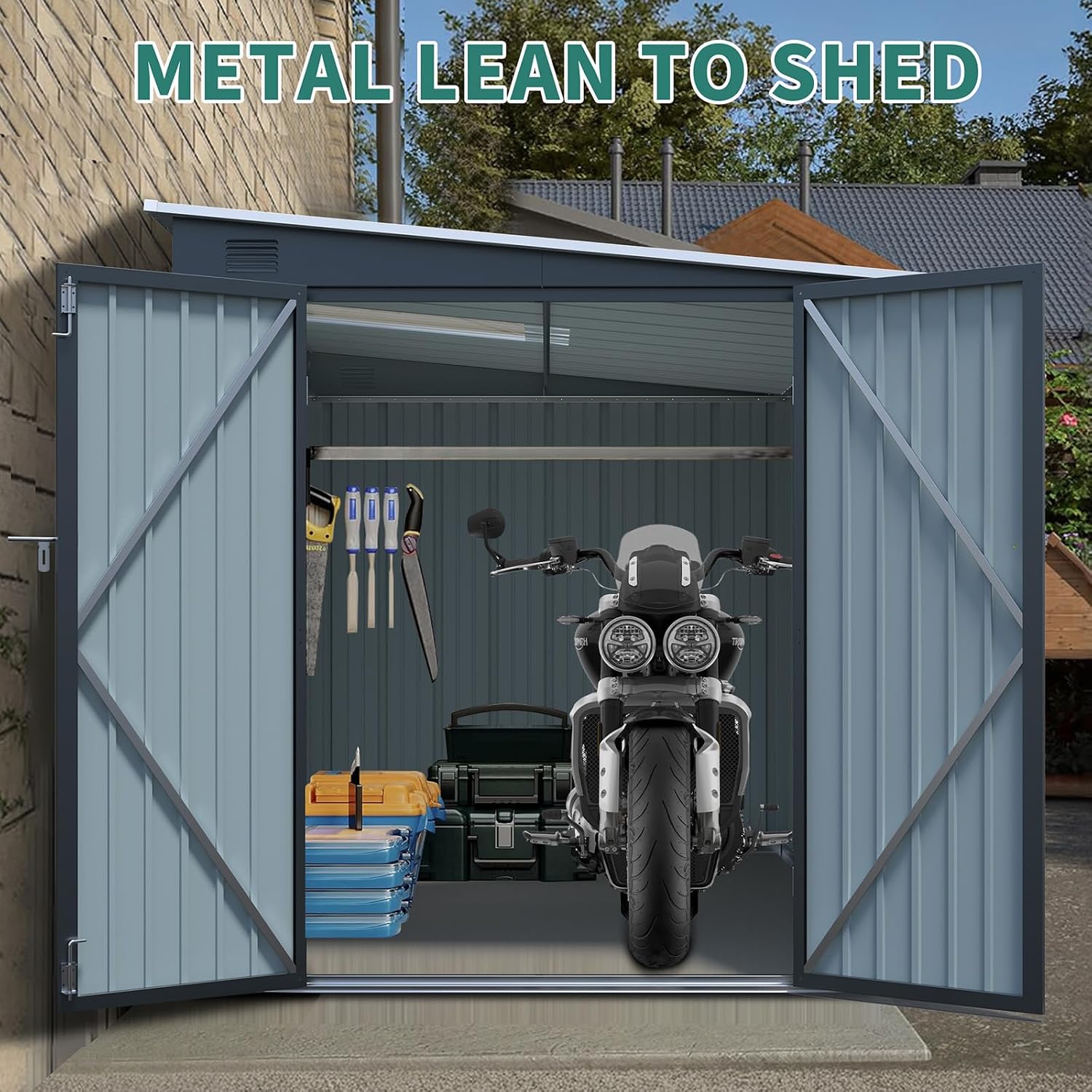 6x8 FT Outdoor Storage Shed, Galvanized Steel Metal Storage Shed with Lockable Doors, Storage Sheds Outdoor with Floor & Ventilation, Sloped Roof Metal Building for Tools (6x8 FT Steel)