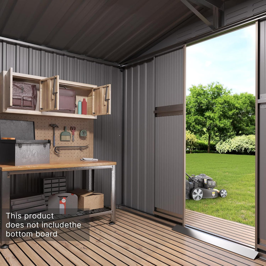 Gotland 8FT x 6FT Sheds & Outdoor Storage, Metal Shed with Sloped Steps Waterproof Sloped Roof, Storage Shed with 2 Lockable Slide Doors, Outdoor Shed for Backyard Patio Lawn Brown