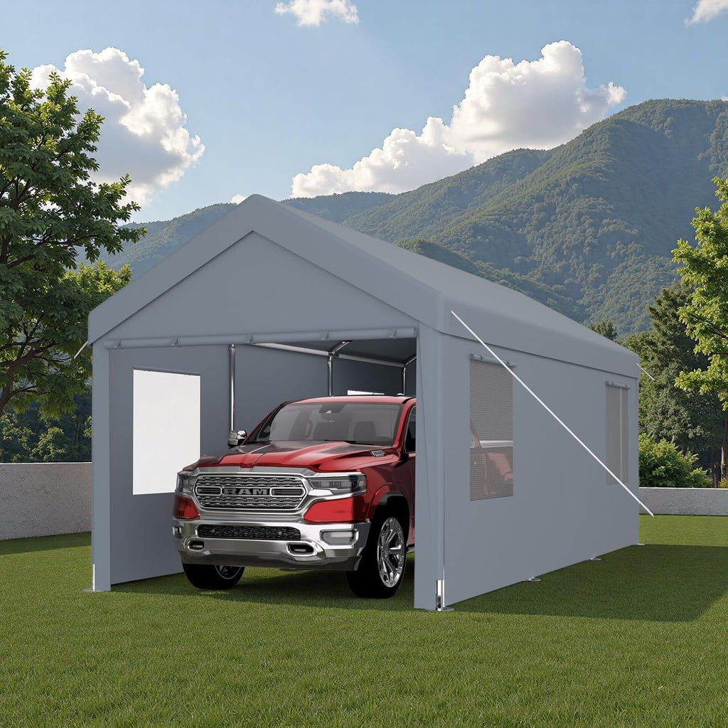 10x20FT Canopy, Outdoor Portable Garage with 2 Roll-Up Doors & 4 Ventilated Windows, Patio Camping Heavy Duty Car Port Canopy with PE Cover, Ground Pegs & Steel Cables, Easy Assembly, Grey