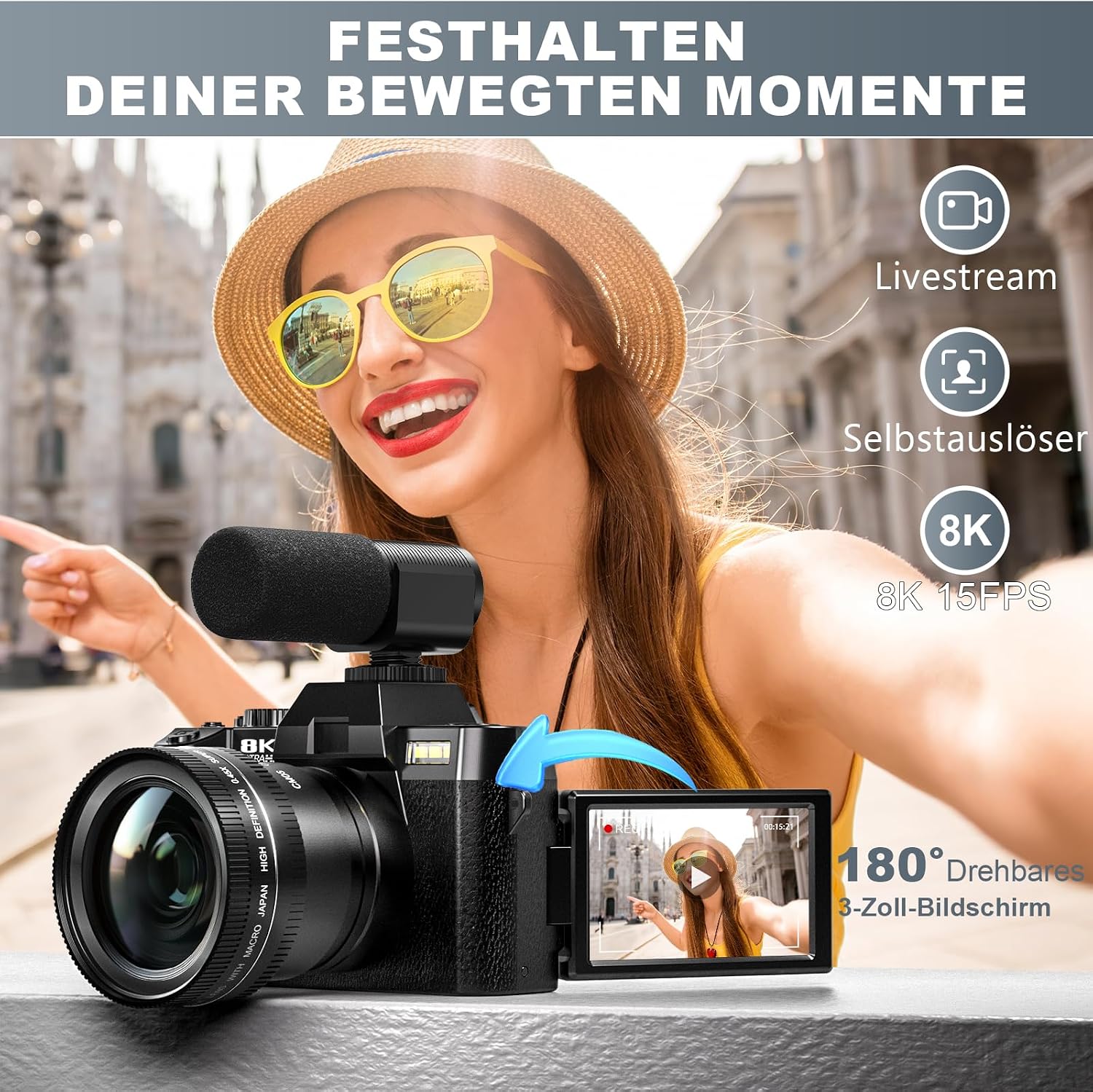 8K Digital Cameras for Photography, 64MP vlogging Camera with 180°Flip Screen，2 Batteries, 64GB TF Card，16X Zoom, WiFi,Microphone, Wide & Macro Lens Kit (Black)