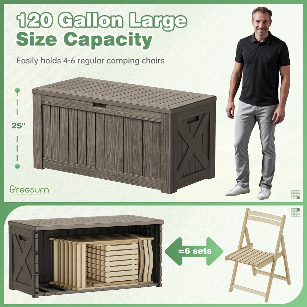 Greesum Outdoor Storage Box 120 Gallon Storage Bin with Lid for Patio Furniture, Garden Tools, Pool Supplies, Lockable, Waterproof and UV Resistant, Coffee