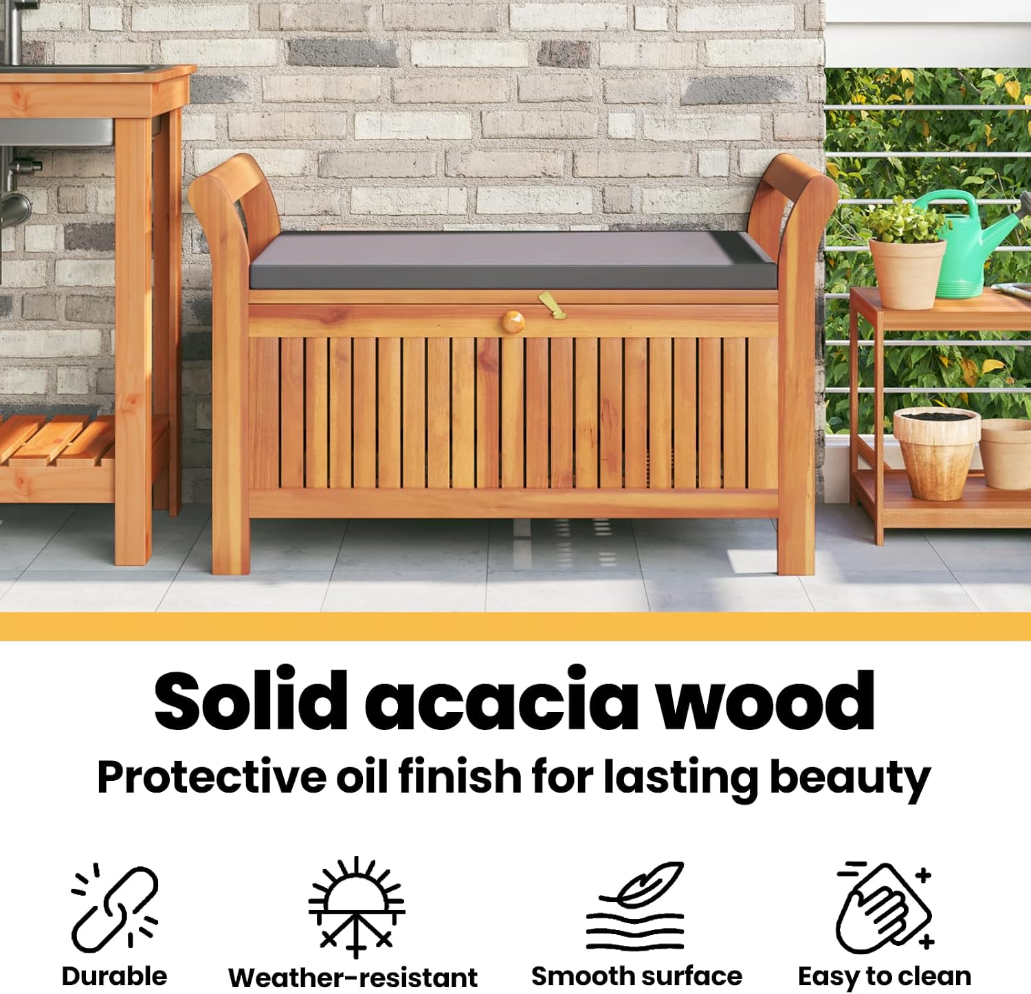 vidaXL Garden Storage Bench, Solid Acacia Wood, Gray Cushion Included, Classic Outdoor Design, Patio & Garden Seating, 35.8' x 19.7' x 23.6', Patio & Deck Organizer, Durable Wooden Furniture