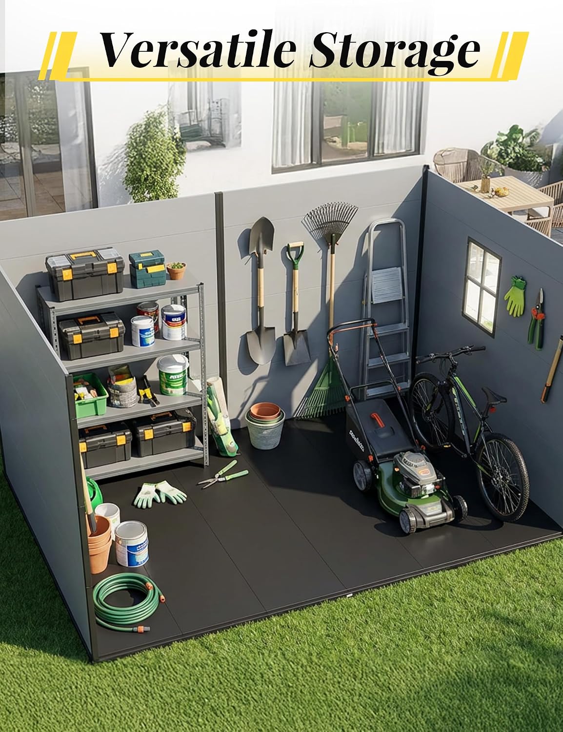 10x7ft Lean to Shed with Floor, Resin Storage Shed with Window and Lockable Door, Plastic Garden Shed for Backyard Patio and Outdoor Tool Storage (Black+Grey)