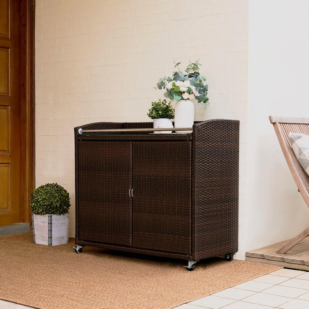 Teamson Home Veronica Outdoor Portable PE Rattan Serving Cart with Wheels, Brown