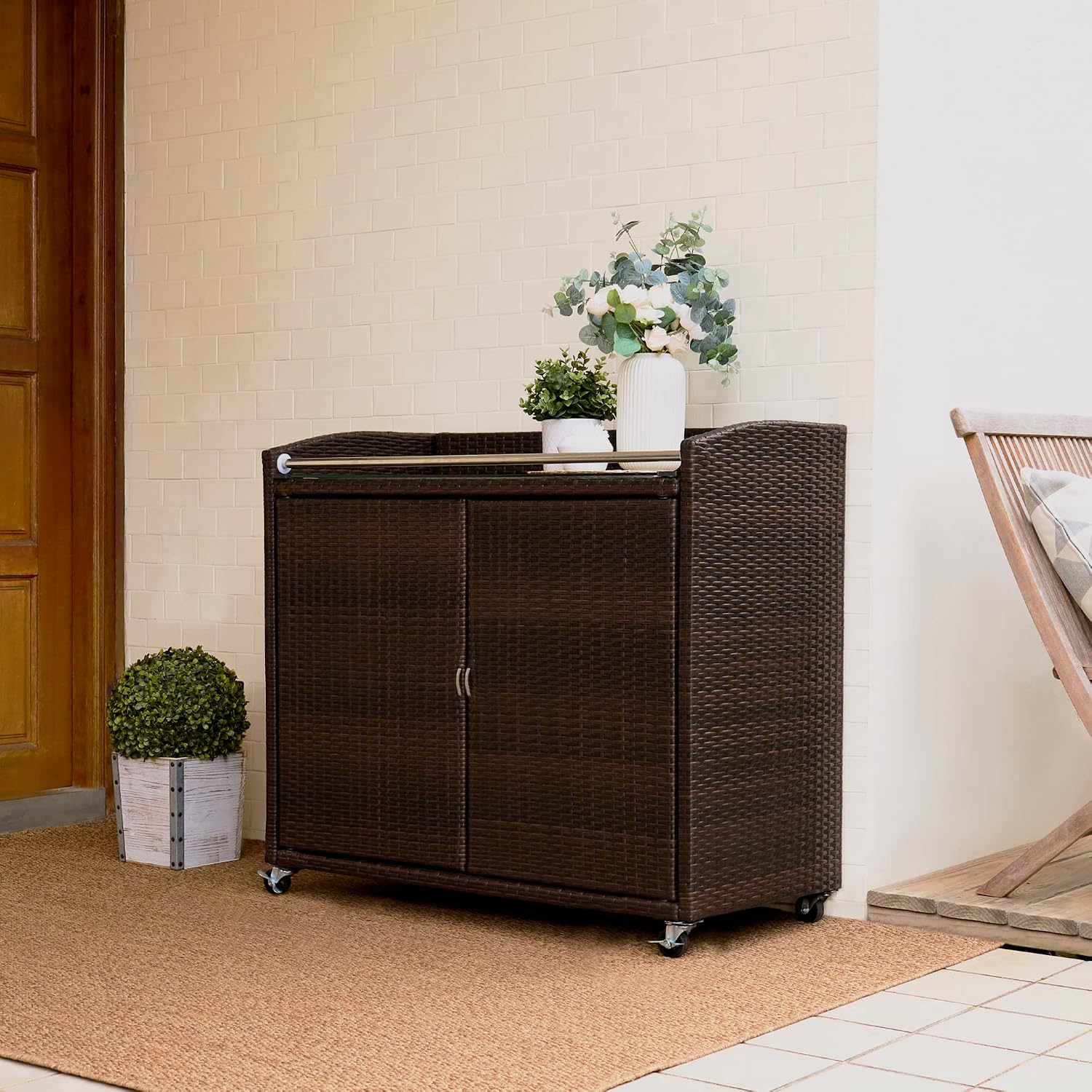 Teamson Home Veronica Outdoor Portable PE Rattan Serving Cart with Wheels, Brown