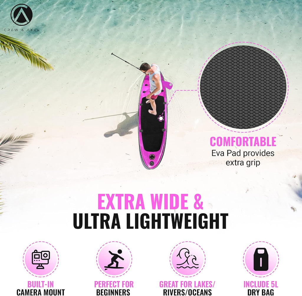 Crew Axel Inflatable Paddle Board 10'33'6' Extra Wide & Lightweight (18lb) Paddle Board – Premium SUP Set Includes 2 Bags, Floating Paddle, Camera Mount, 3 Fins, Dual Pump Kit