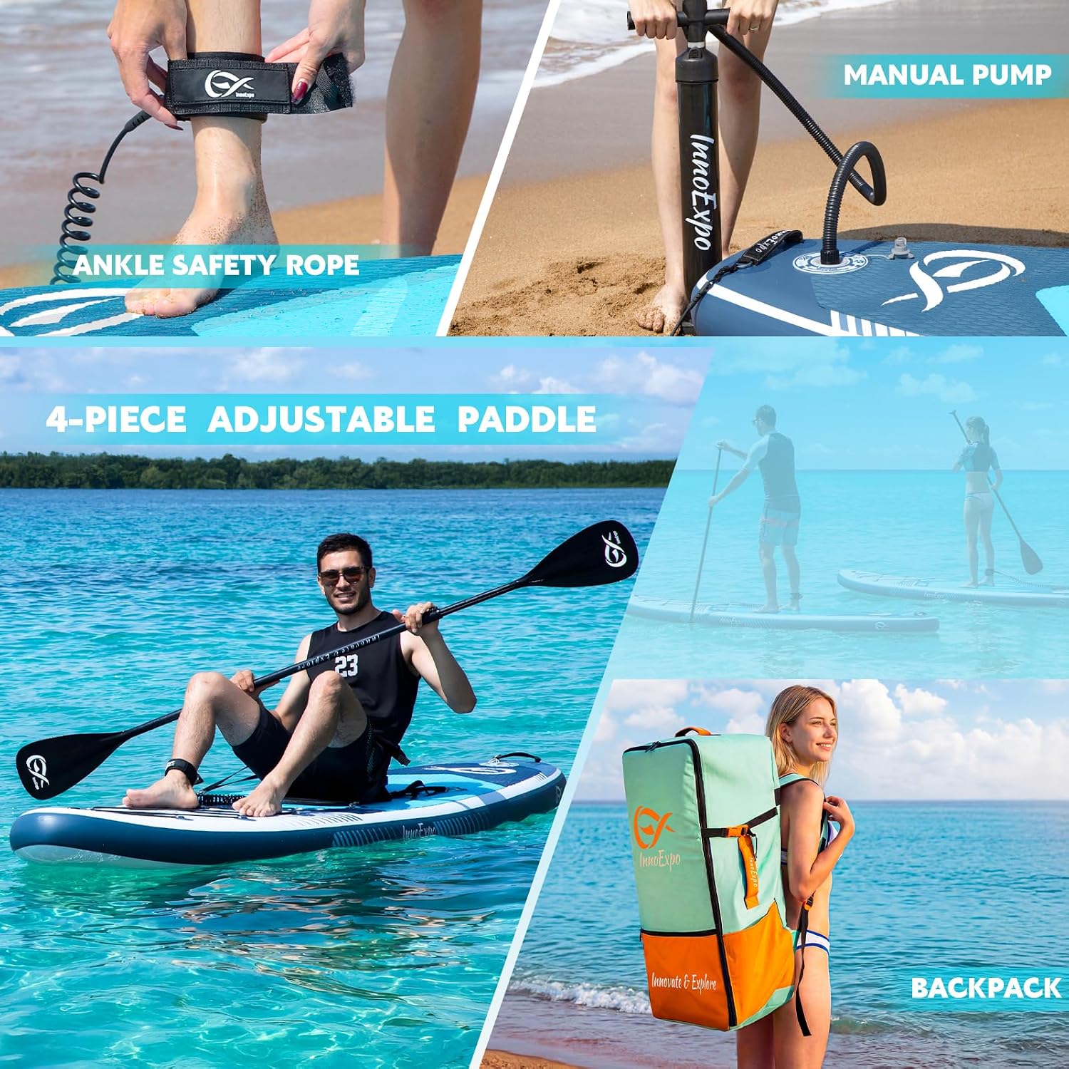 InnoExpo Inflatable Stand Up Paddle Boards with Premium Accessories, Wide Stable SUP Paddle Board Design, Non-Slip Comfort Deck for Youth & Adults