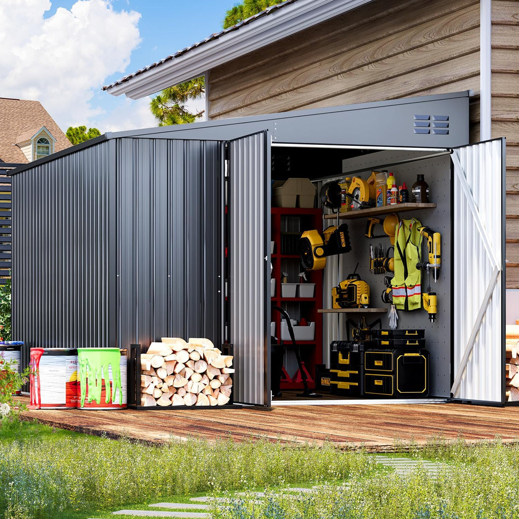 AECOJOY Shed Lean to Storage Shed, Large Outdoor 8' x 10' Metal Wall Side Bike Shed & Outdoor Storage, Garden Storage Cabinet for Backayrd, Patio and Outdoor Use in Dark Grey