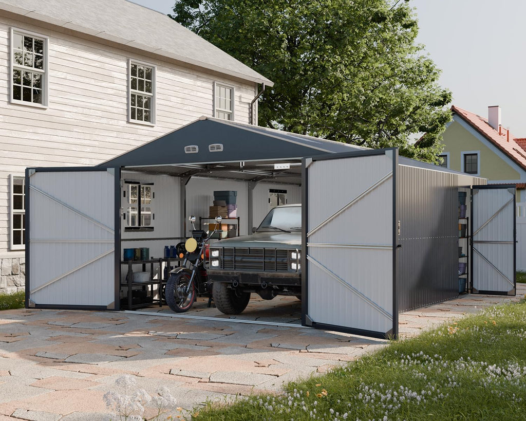 WACASA 13x20x8.3 FT Large Metal Garage Shed, Ultra-Reinforced Truss System, 18-Gauge Powder-Coated Frame, 100 PSF Snow & 150 MPH Wind Rated, Skylight Dual-Entry Outdoor Storage Building and Carport