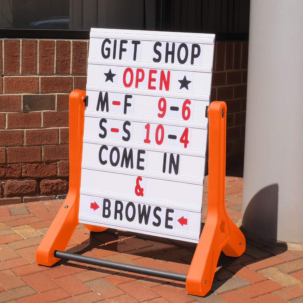 EXCELLO GLOBAL PRODUCTS Swinging Changeable Message Sidewalk Sign: 24' x 36' Sign with 792 Pre-Cut Double Sided Letters and Storage Box. Includes Black Board & Letter Board (Orange Color Legs)