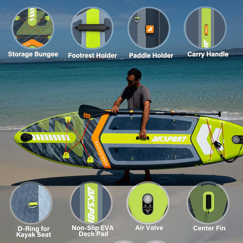 AKSPORT 11' Inflatable Stand-Up Paddle Board with Upgraded SUP Accessories Kit | Extra Wide 34' Design | Non-Slip Deck | Premium SUP Board for Adults & Youth of All Levels