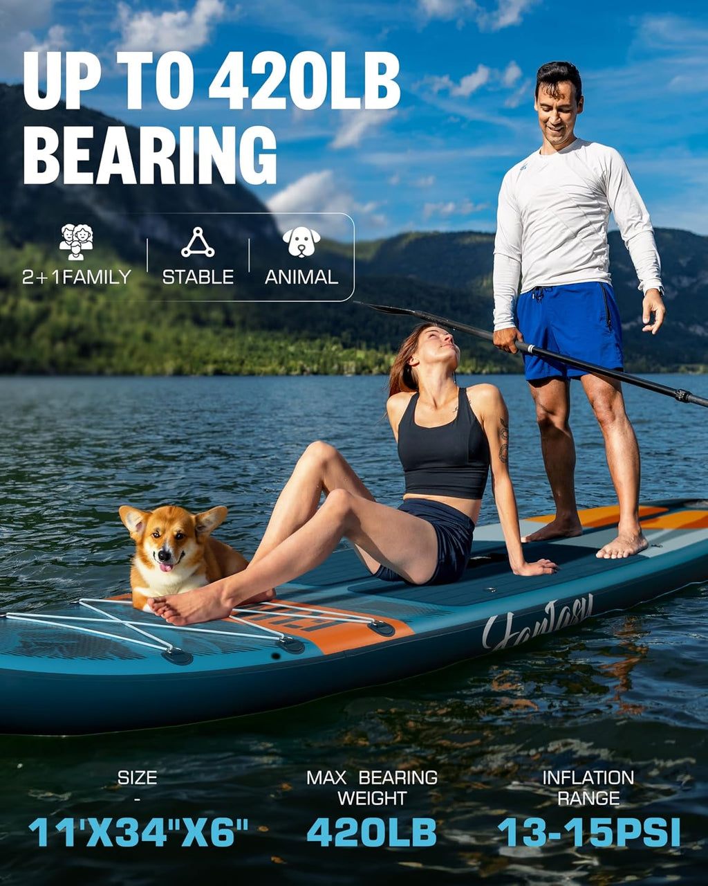 11'×34'×6' Extra Wide Inflatable Stand Up Paddle Board, Sup Board with Removable Fins, Backpack, Floating Paddle, Safety Leash, Floating Phone Case for Adults & Youth of All Skill Levels