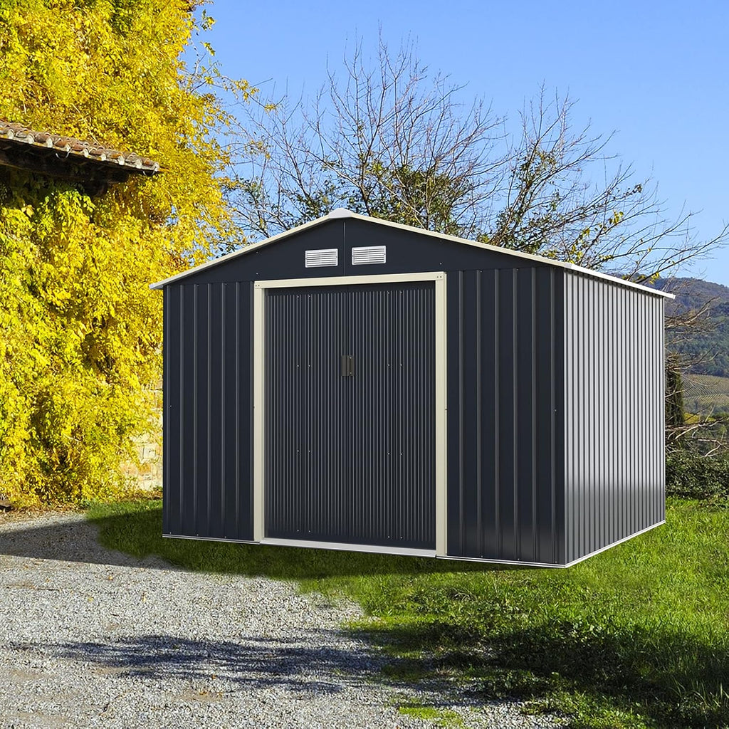 Goplus Storage Shed, Metal 9' X 8' Outdoor Building Organizer with 4 Vents & Double Sliding Door for Garden Backyard Farm (9'X8')