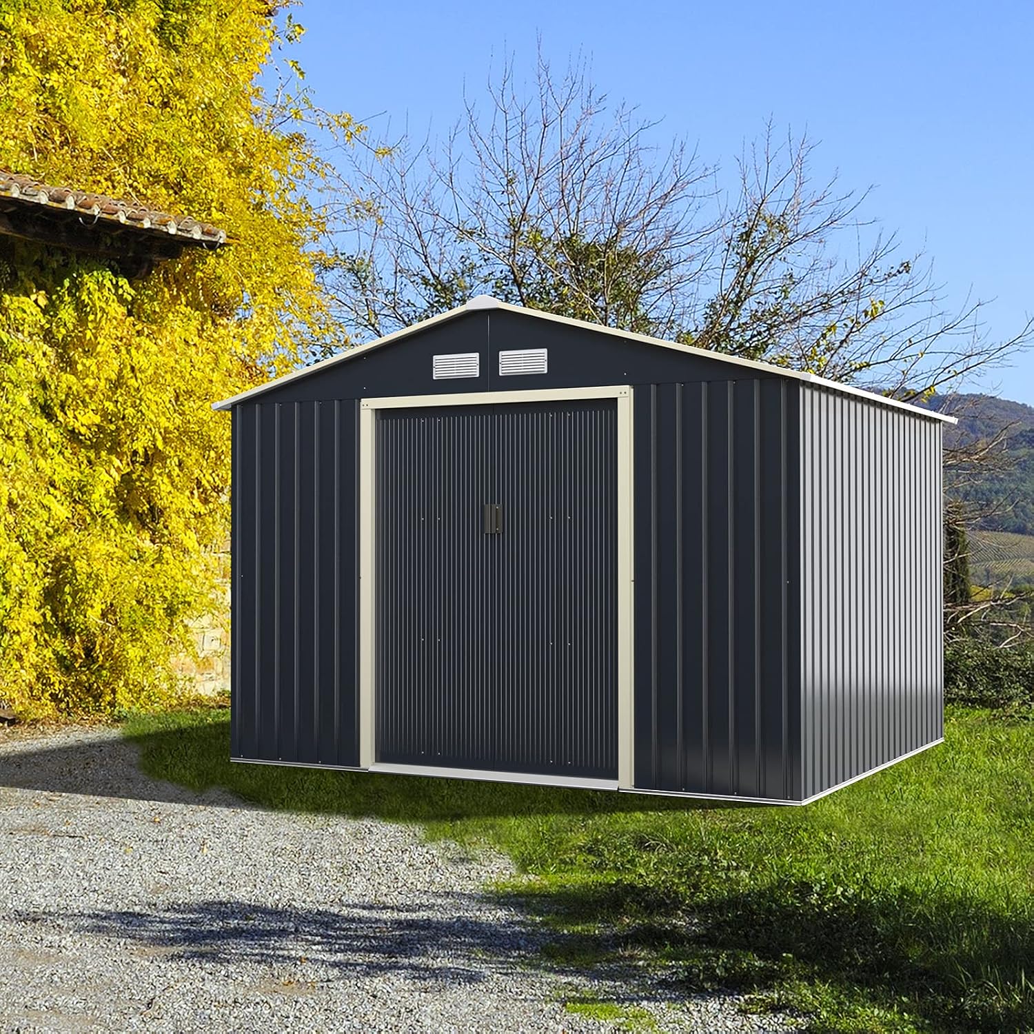 Goplus Storage Shed, Metal 9' X 8' Outdoor Building Organizer with 4 Vents & Double Sliding Door for Garden Backyard Farm (9'X8')