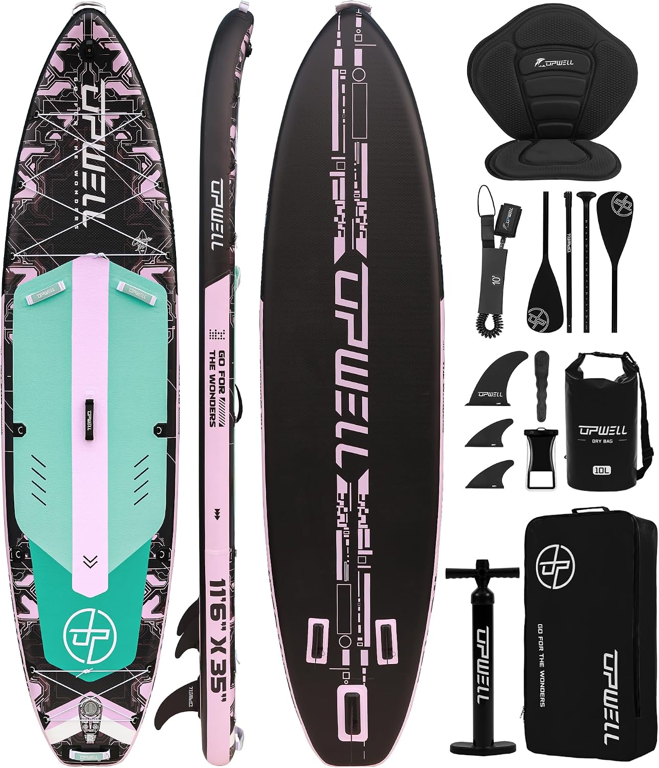 UPWELL 11'6'×35' Extra Wide Inflatable Paddle Board, Stand Up Paddle Board for Youth & Adults, Stable Design, Premium SUP Accessories, 120L Backpack, 10L Dry Bag, Paddle, Leash, Hand Pump, US Fins