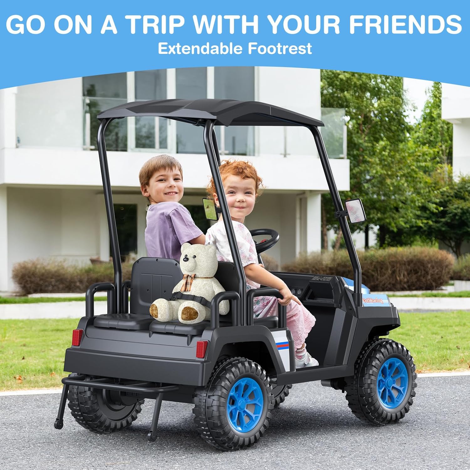 R9 24V Kids Golf Cart, 4 Seats, 4WD Kids Electric Car w/Remote Control, Spring Suspension, Multimedia Functions Including Music, Story, Wireless Connection, Horn, Power Display, Detachable Awning