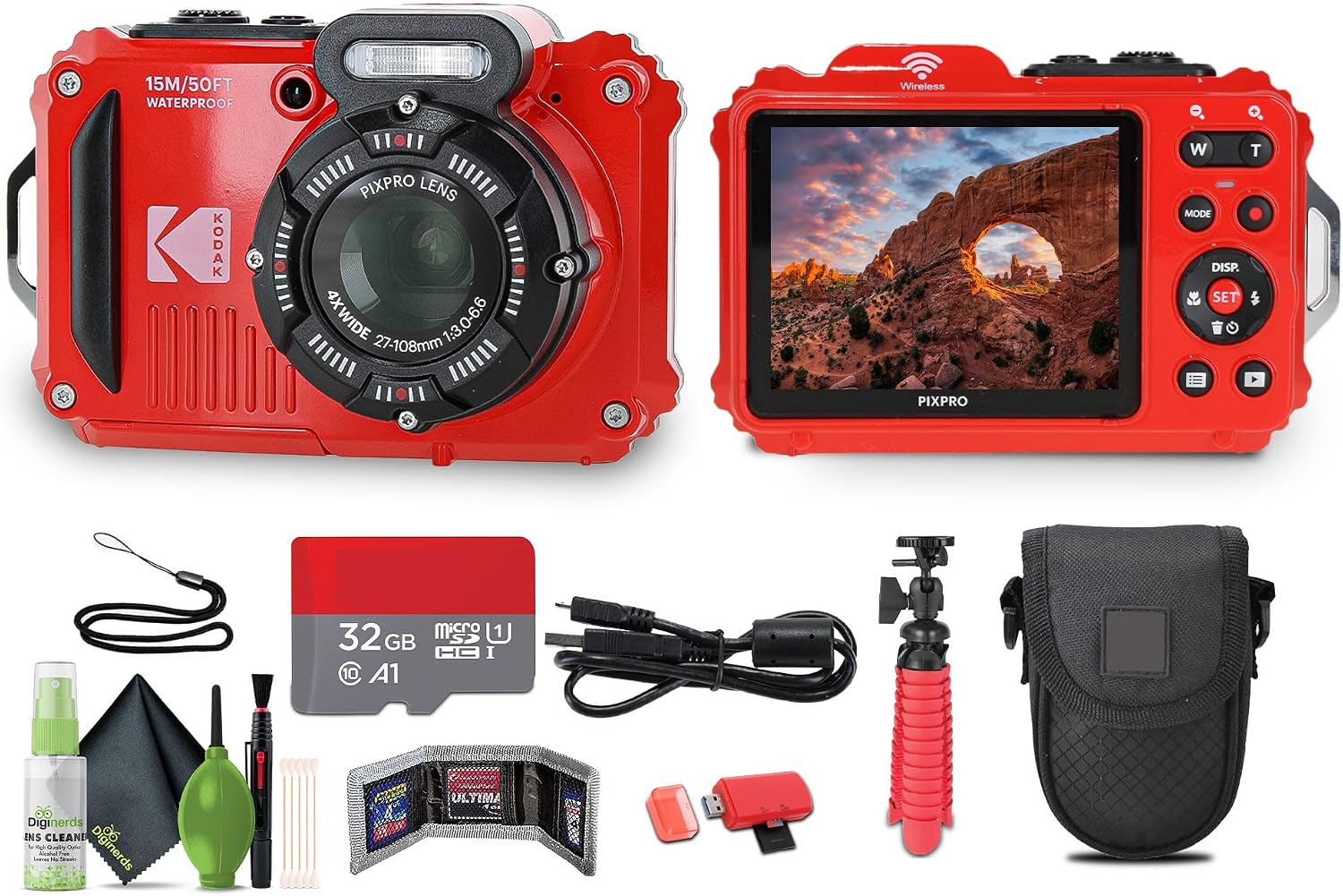KODAK PIXPRO WPZ2 Rugged Waterproof Shockproof Dustproof WiFi Digital Vlogging Camera 16MP (Red) Bundle with 32GB Memory Card + Vlogger Tripod + Bag + Cleaning Kit + More Accessories