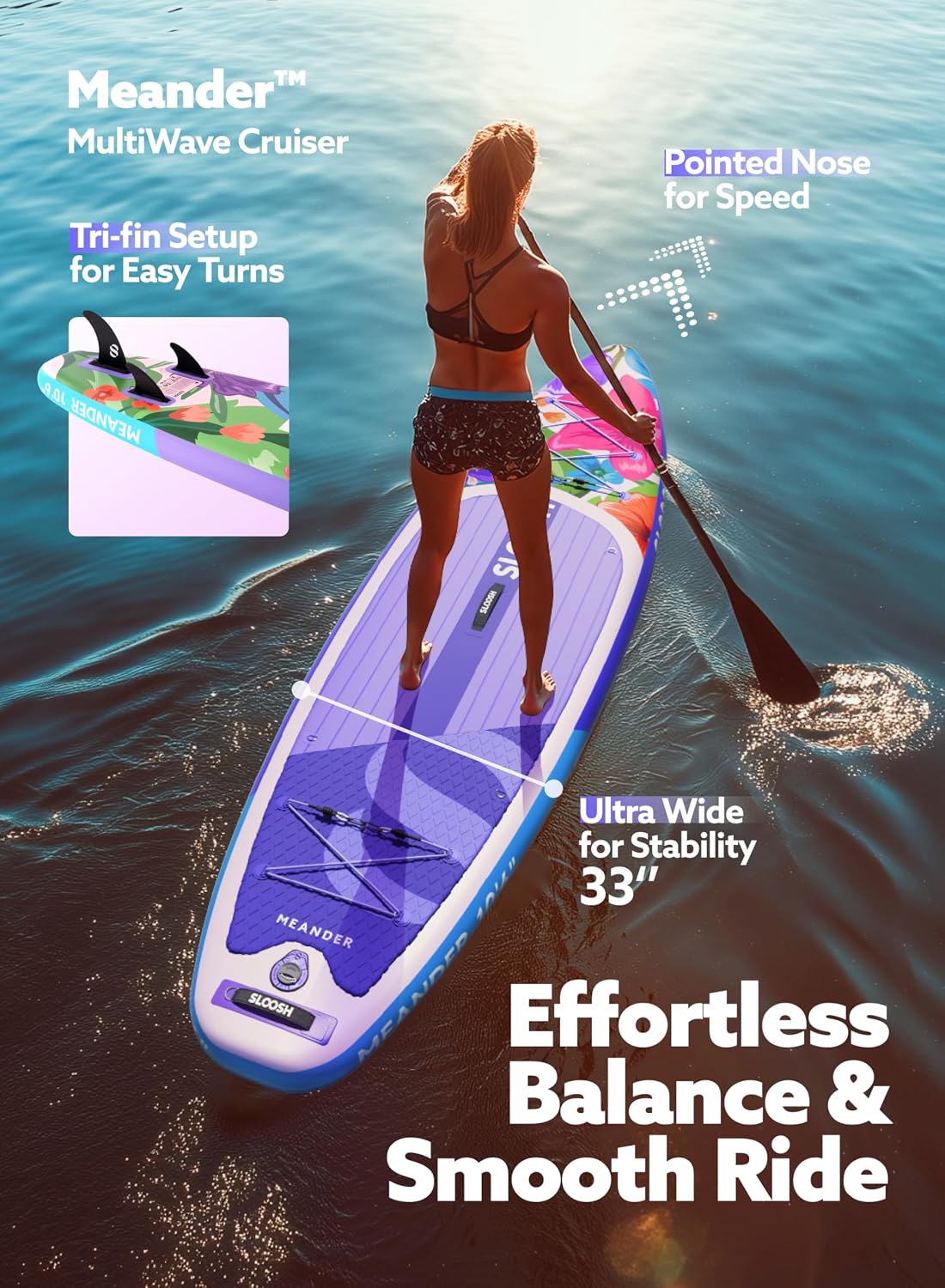 SLOOSH Inflatable Stand Up Paddle Board, 10'6' Inflatable Paddle Boards with Premium Accessories, Non-Slip EVA Deck, Ultra-Light Carry Bag Pump, Meander SUP for Youth & Adults