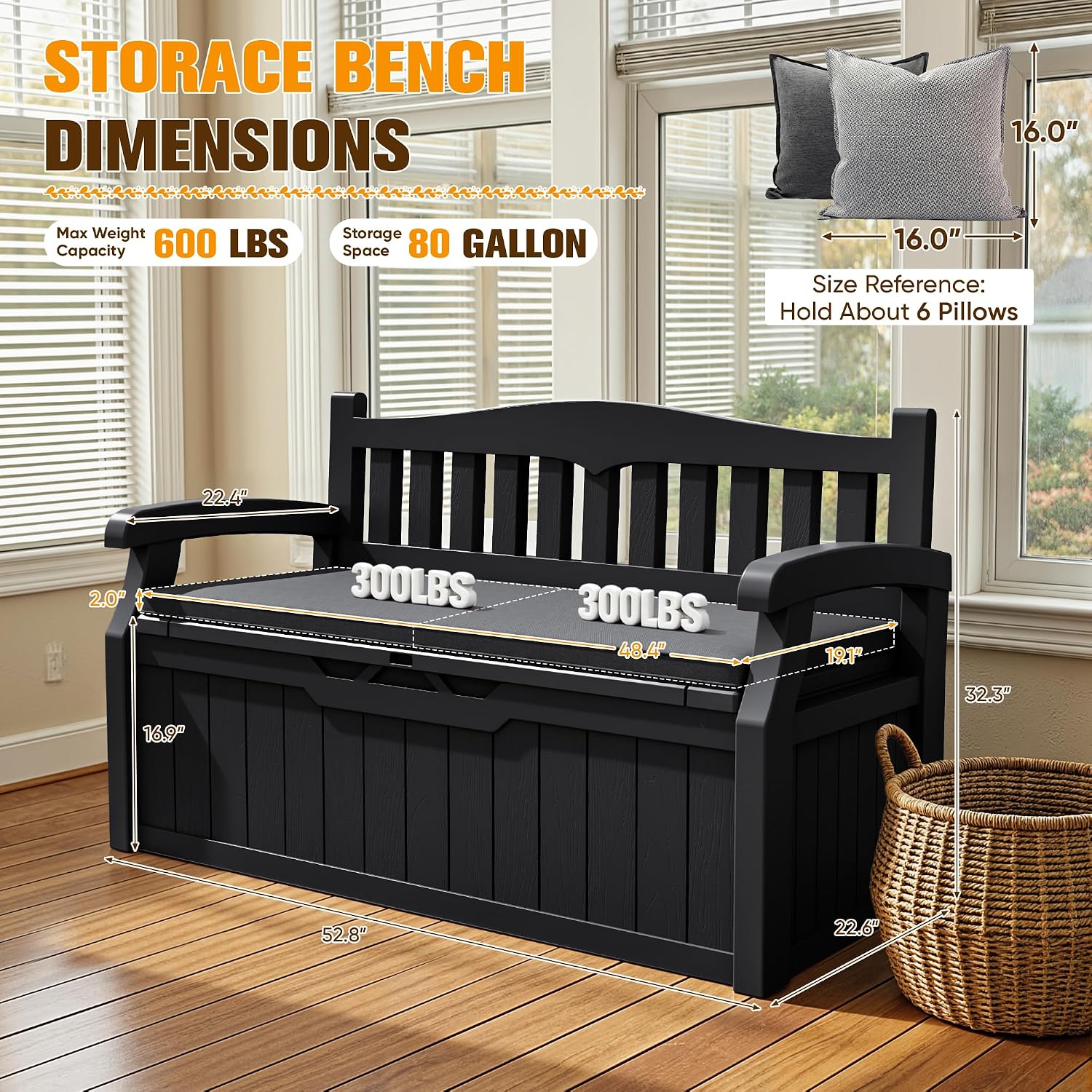 JUMMICO 80 Gallon Resin Outdoor Storage Bench with Cushion, Large Deck Box with Armrest, Lockable&Waterproof for Garden, Home, Patio, Pools (Black, 80 Gallon)