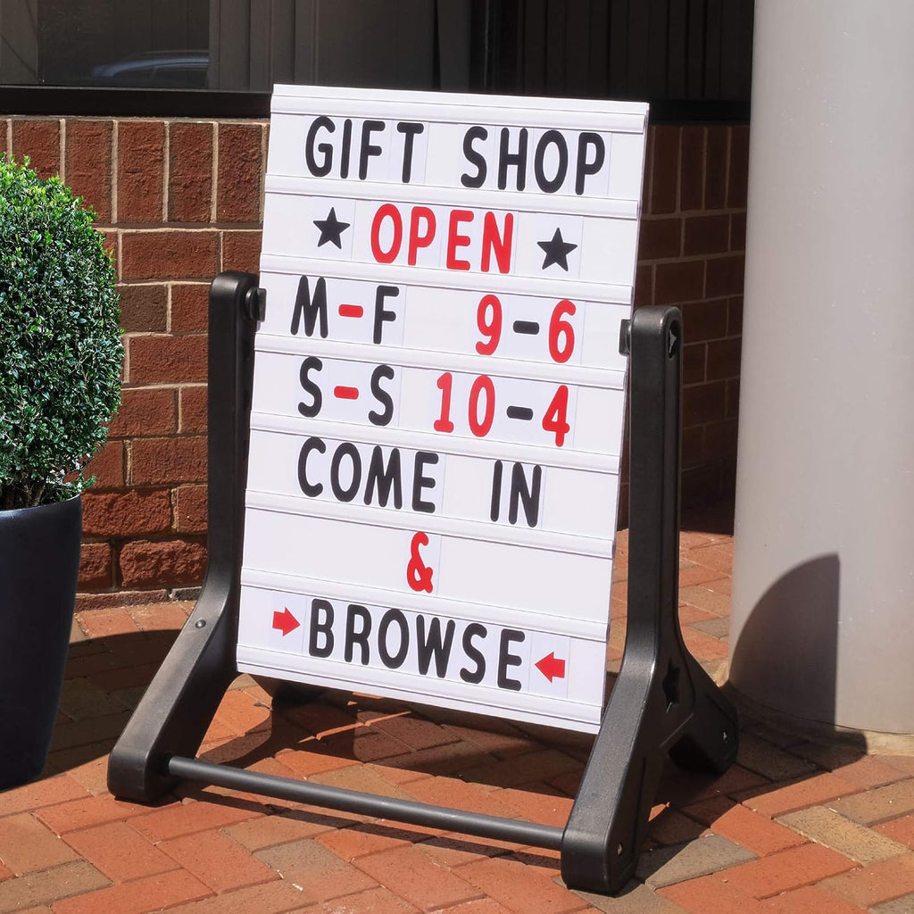 Swinging Changeable Message Sidewalk Sign: 24' x 36' Sign with 792 Pre-Cut Double Sided Letters and Storage Box. Includes Black Board & Letter Board (Black Color Legs)