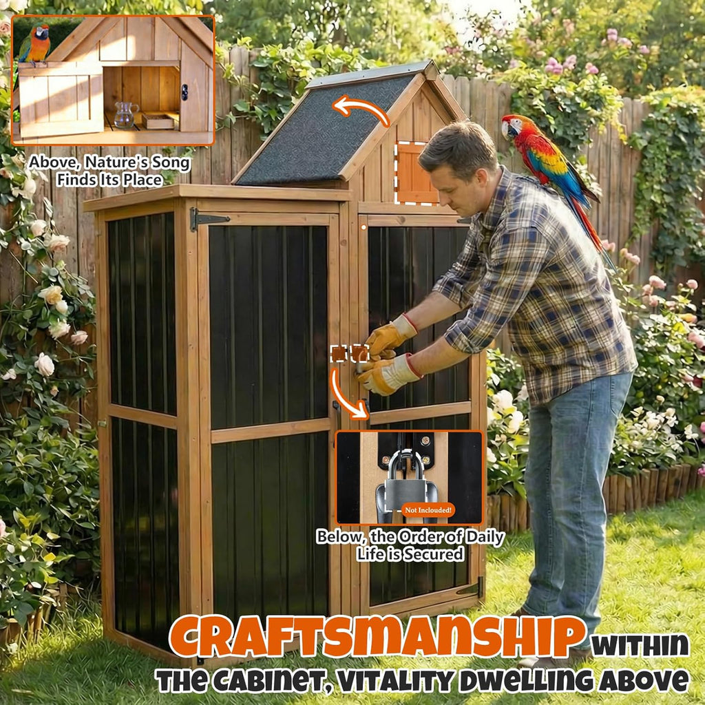 All-in-One Metal & Wood Outdoor Storage Cabinet with Top Compartment, Waterproof Asphalt Roof, Removable Shelves, Heavy-Duty Patio Garage Organizer