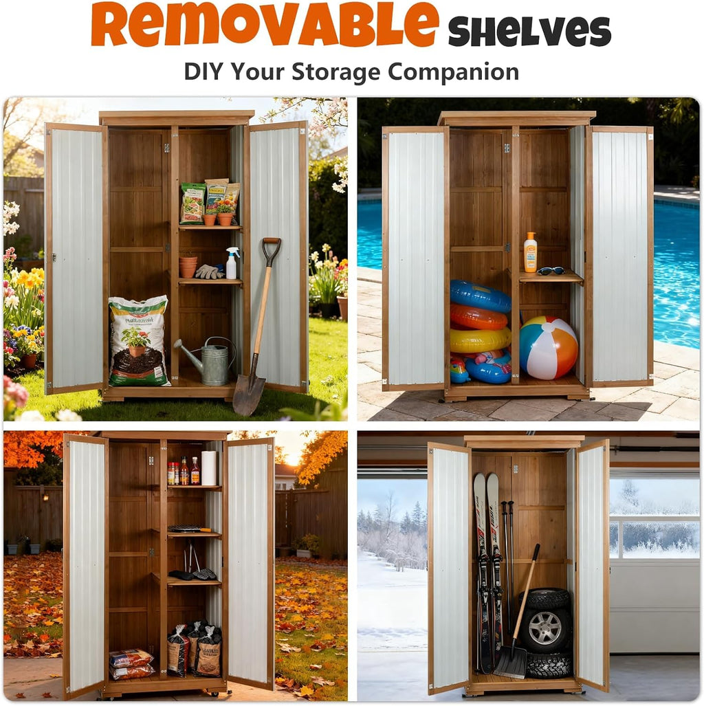 Outdoor Storage Cabinet with Shelves, Wood & Metal Storage Shed with Weatherproof Roof, Lockable Doors, Adjustable Feet, Outside Storage Cabinet for Garage, Patio (15.6' D x 32.3' W x 65.8' H)