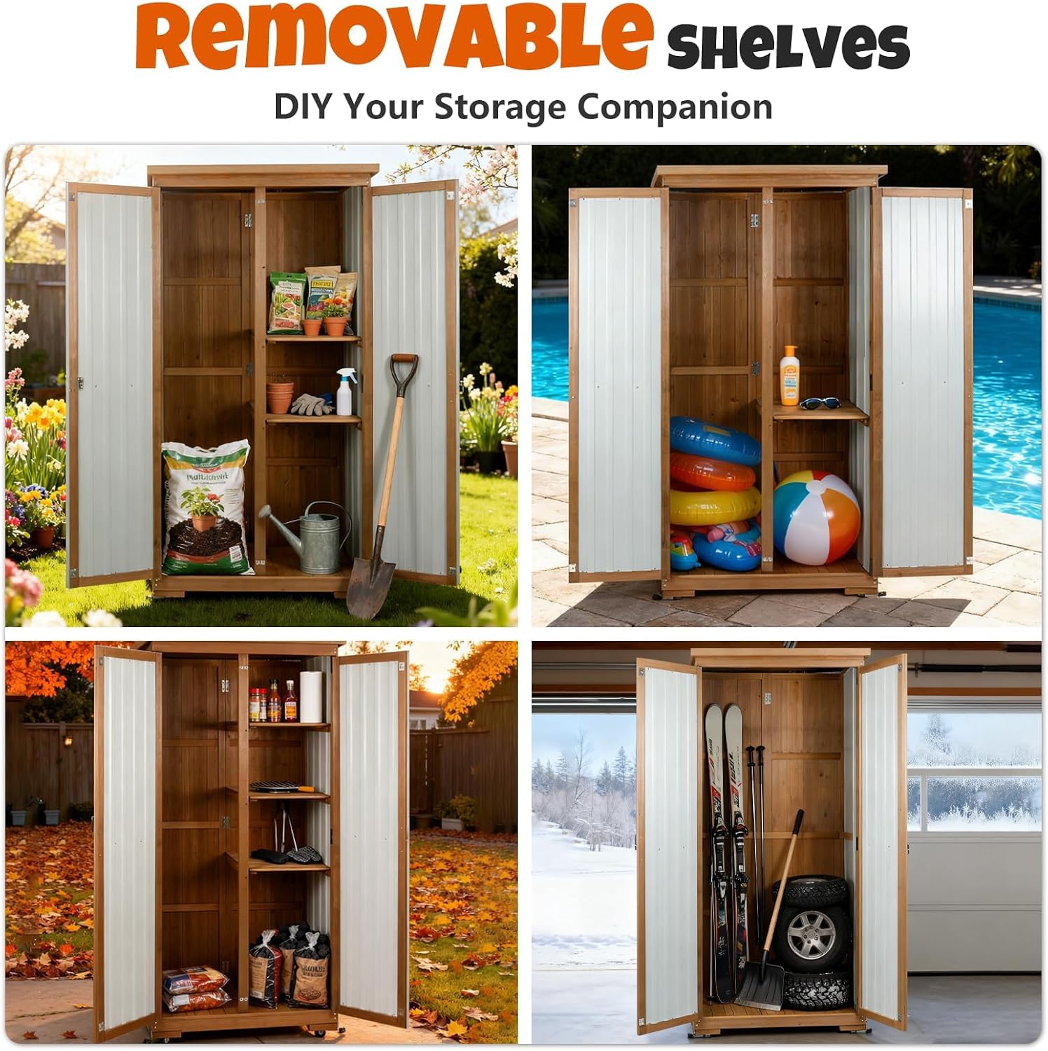 Outdoor Storage Cabinet with Shelves, Wood & Metal Storage Shed with Weatherproof Roof, Lockable Doors, Adjustable Feet, Outside Storage Cabinet for Garage, Patio (15.6' D x 32.3' W x 65.8' H)