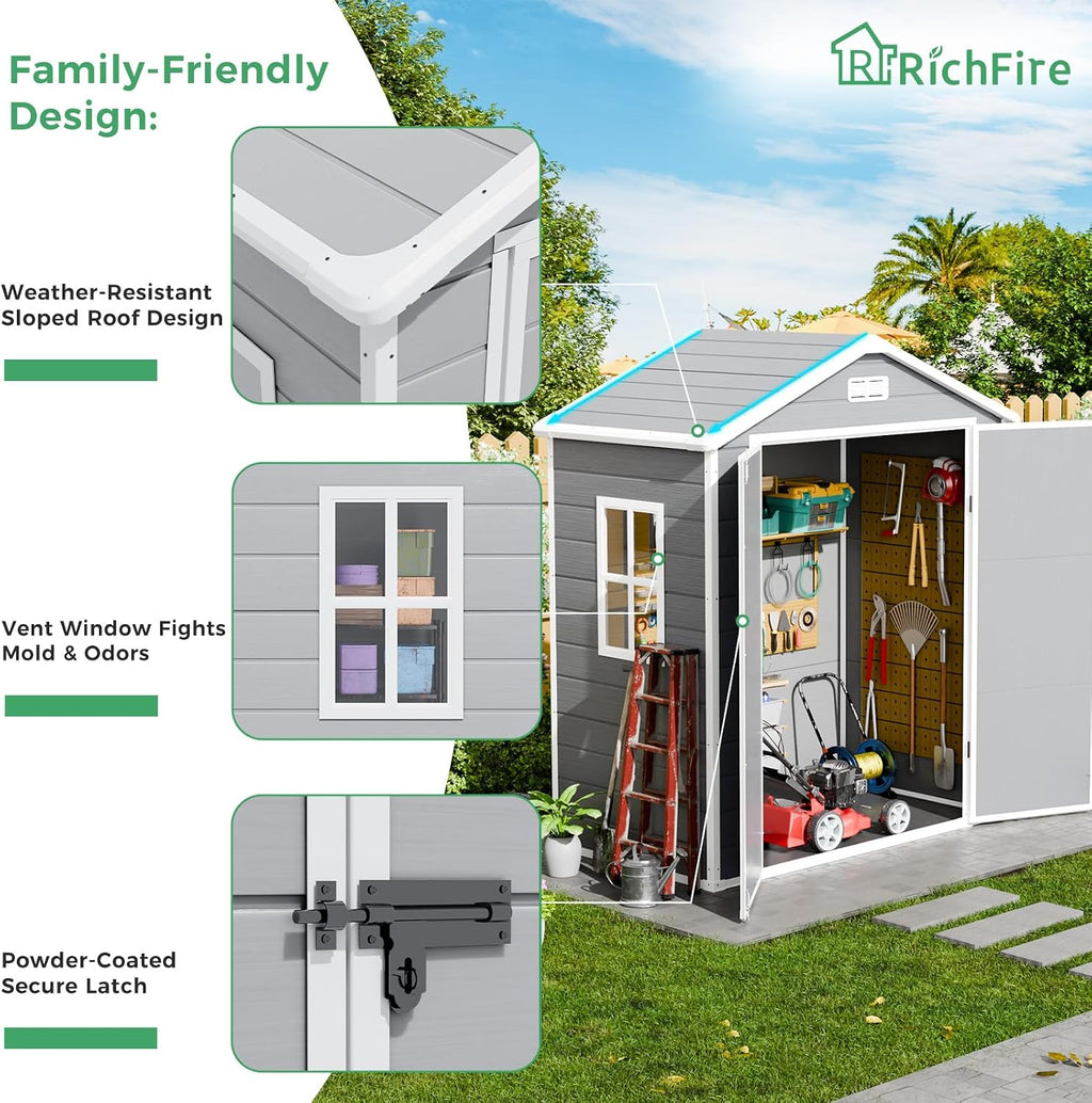 6x3 FT Plastic Outdoor Storage Shed with Floor and Lockable Door, All-Weather Resin Storage Shed Easy to Install, Garden Shed/Tool Shed for Backyard, Patio, Grey