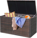 Tangkula 73 Gallon Outdoor Wicker Storage Box, Garden Deck Bin with Steel Frame, Rattan Storage Box with Lid, Ideal for Storing Tools, Accessories