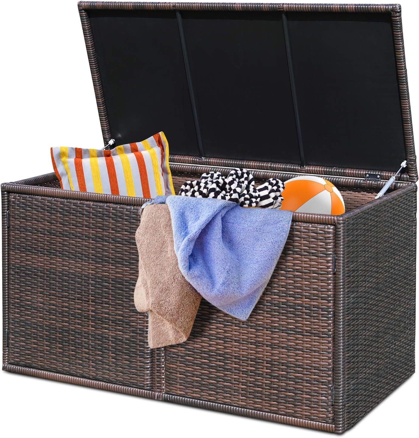 Tangkula 73 Gallon Outdoor Wicker Storage Box, Garden Deck Bin with Steel Frame, Rattan Storage Box with Lid, Ideal for Storing Tools, Accessories