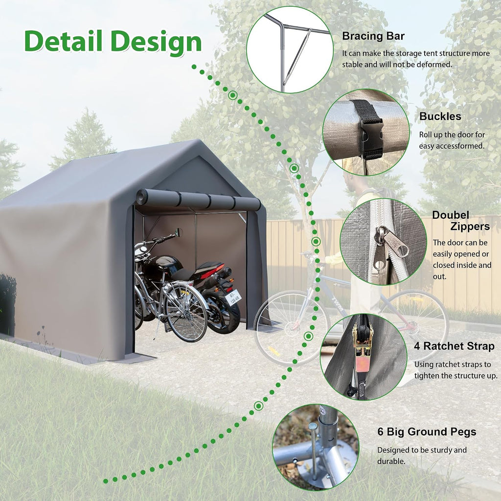 8x8 ft Portable Outdoor Storage Tent Shelter Shed, Heavy Duty Storage Tent with Roll-up Doors Shelter for Garden Tool, Lawn Mower, Motorcycleand, Bike - Gray