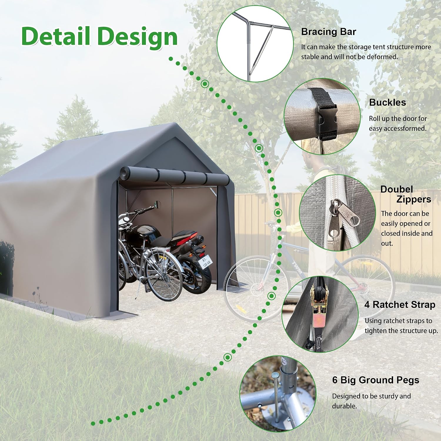 8x8 ft Portable Outdoor Storage Tent Shelter Shed, Heavy Duty Storage Tent with Roll-up Doors Shelter for Garden Tool, Lawn Mower, Motorcycleand, Bike - Gray