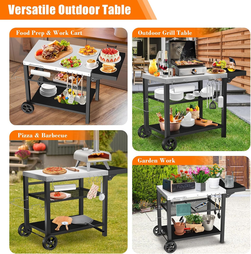 Grill Cart, Outdoor Grill Table, Pizza Oven Stand, Three-Shelf BBQ Table, Movable Dining Cart with Drawer, Fits for Ninja Woodfire Grill, Blackstone Griddle,Tabletop Grill