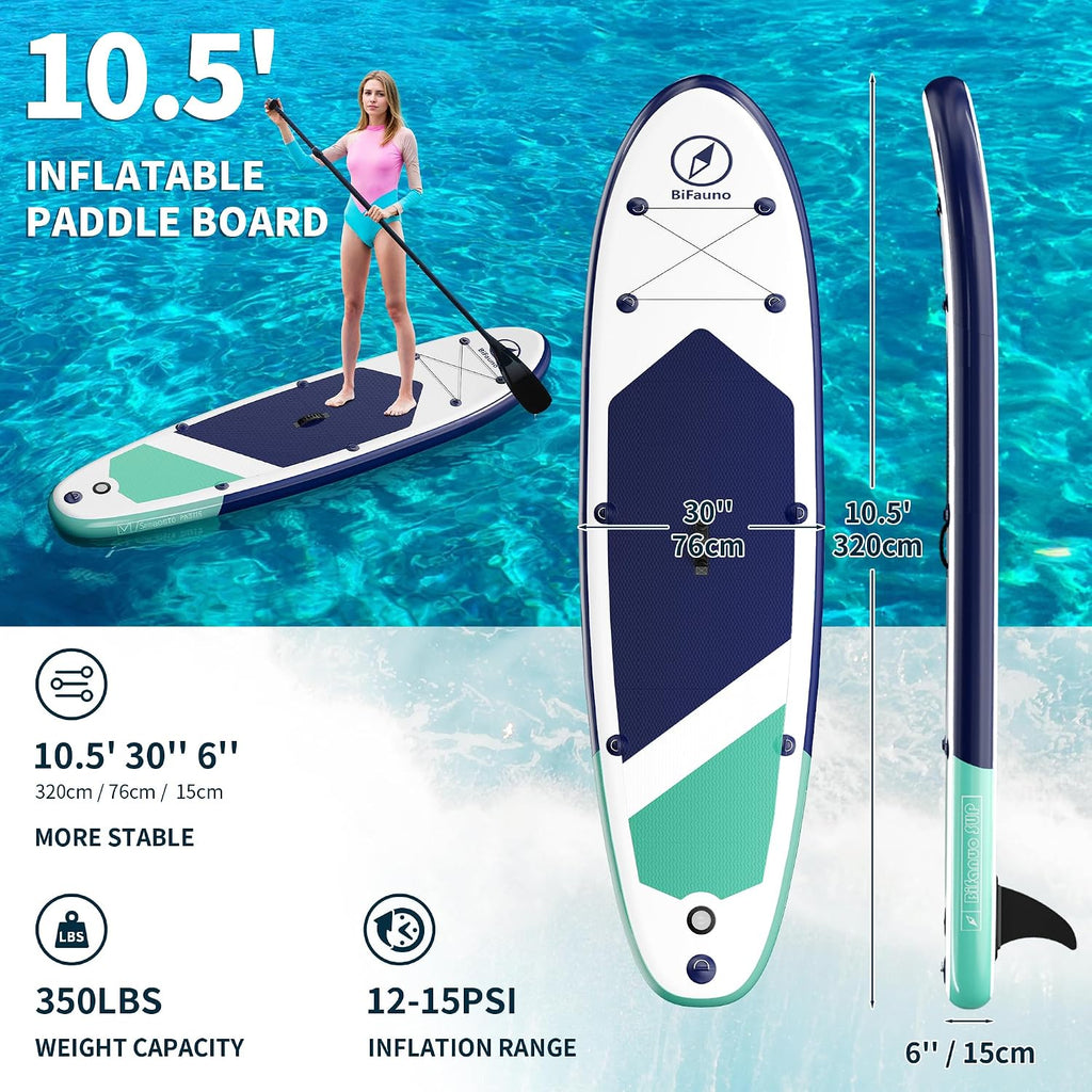 Bifanuo Inflatable Stand Up Paddle Board with SUP Accessories & Backpack. Paddle Boards for Adults. Non-Slip Deck, Wide Stance, Bottom Fin, Double Action Pump.