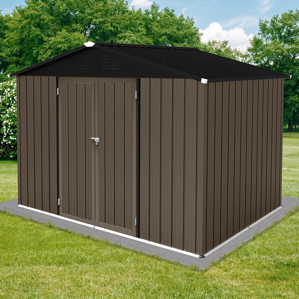 Metal Outdoor Storage Shed 8 x 6 FT, Steel Utility Tool Shed Storage House with Sloping Roof and Lockable Door, Waterproof Garden Storage Tool Shed for Backyard Patio Lawn (Brown, 8X6 FT)