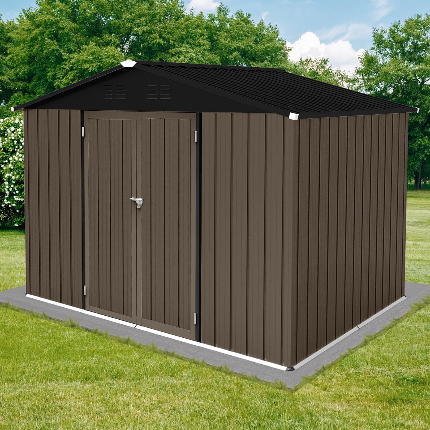 Metal Outdoor Storage Shed 8 x 6 FT, Steel Utility Tool Shed Storage House with Sloping Roof and Lockable Door, Waterproof Garden Storage Tool Shed for Backyard Patio Lawn (Brown, 8X6 FT)