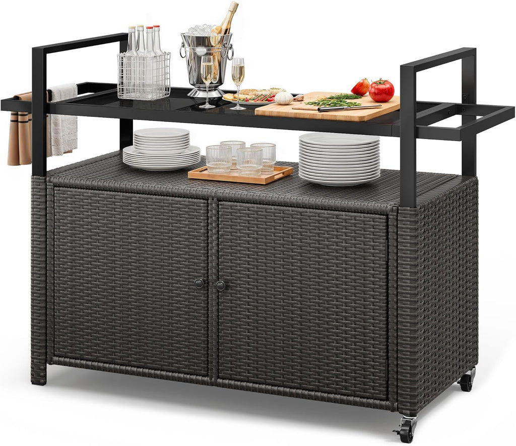 YITAHOME XL Outdoor Storage Cabinet, Outdoor Storage Cart with Wheels and Black Glass Table Top for Patio, Outdoor Cabinet for Poolside and Backyard (Dark Brown)