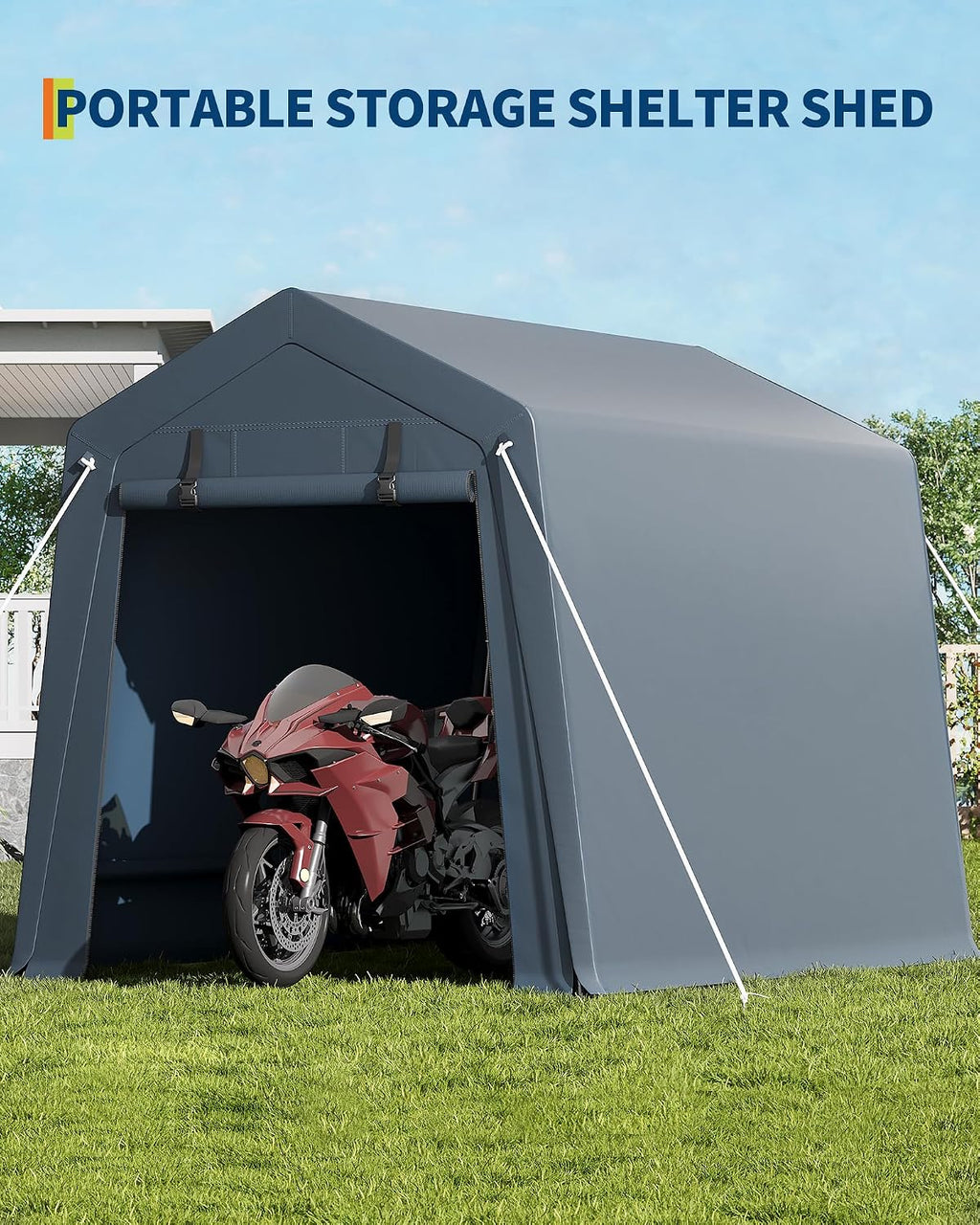 GarveeLife 6x6 ft Portable Outdoor Storage Shed with Roll-Up Zipper Door & Vent, 240G Heavy-Duty Shelter Waterproof PE Tarp, UV-Resistant Carport for Motorcycle, Firewood, Tools -Gray