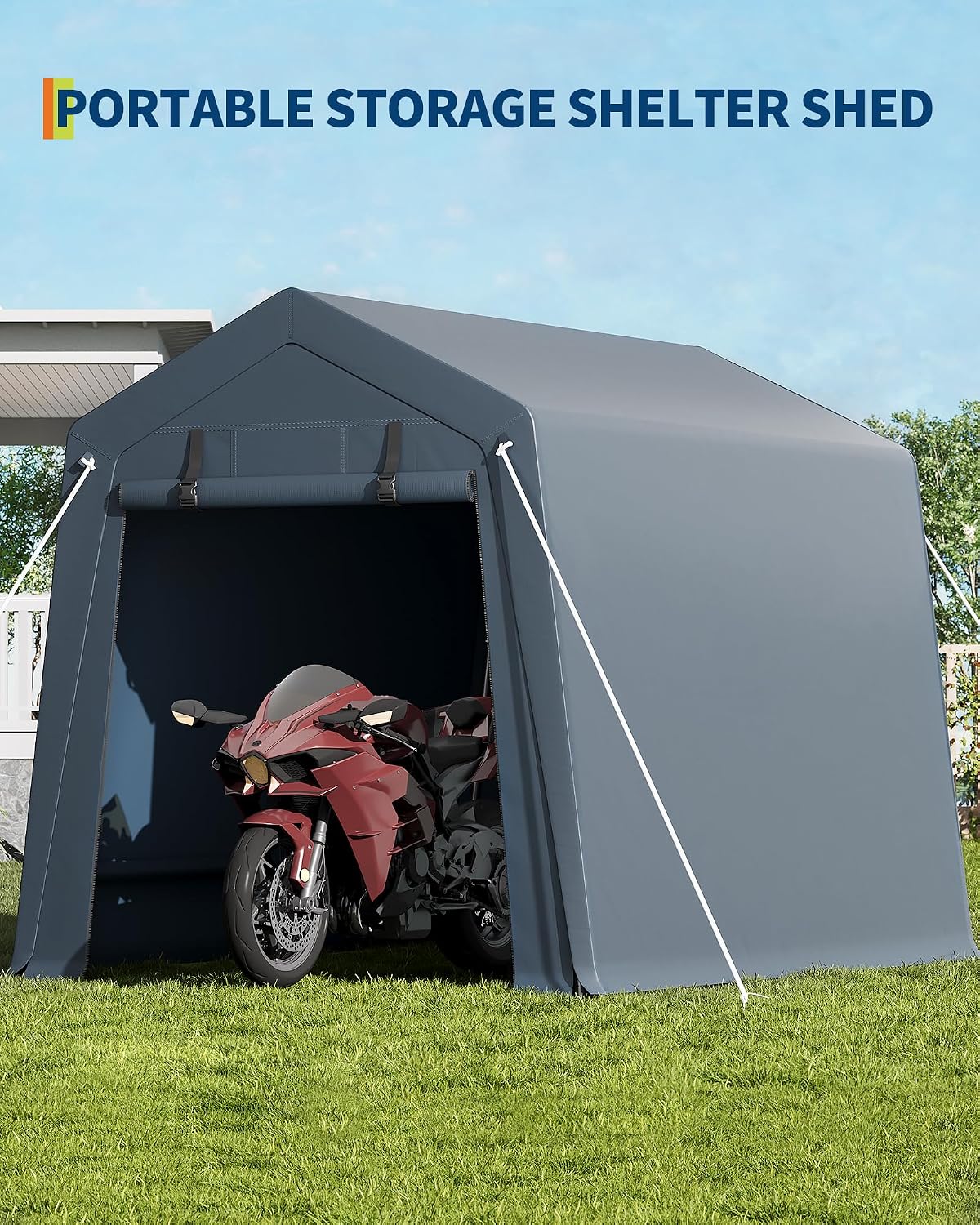 GarveeLife 6x6 ft Portable Outdoor Storage Shed with Roll-Up Zipper Door & Vent, 240G Heavy-Duty Shelter Waterproof PE Tarp, UV-Resistant Carport for Motorcycle, Firewood, Tools -Gray