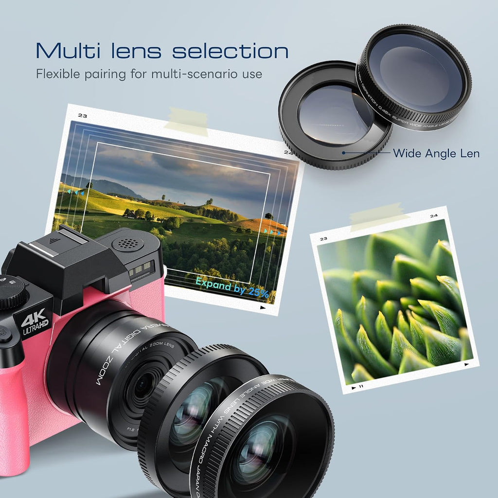 Digital Cameras for Photography with WiFi&App Control, Ture 4K&48MP Vlogging Camera for YouTube,Compact,16X Zoom Autofocus, Anti-Shake for Entry-Level User, Beginners, Macro&Wide Lens-32GB Card(Pink)
