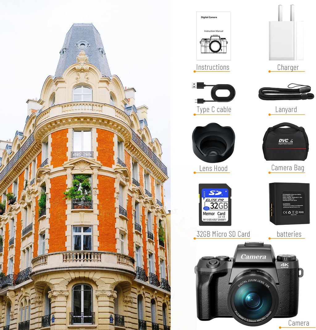Saneen Digital Camera, 4k Cameras for Photography, 64MP WiFi Touch Screen Vlogging Camera with Flash, 32GB Card, Lens Hood,3000mAH Battery, Front and Rear Cameras,Hot Shoe Interface Beginner