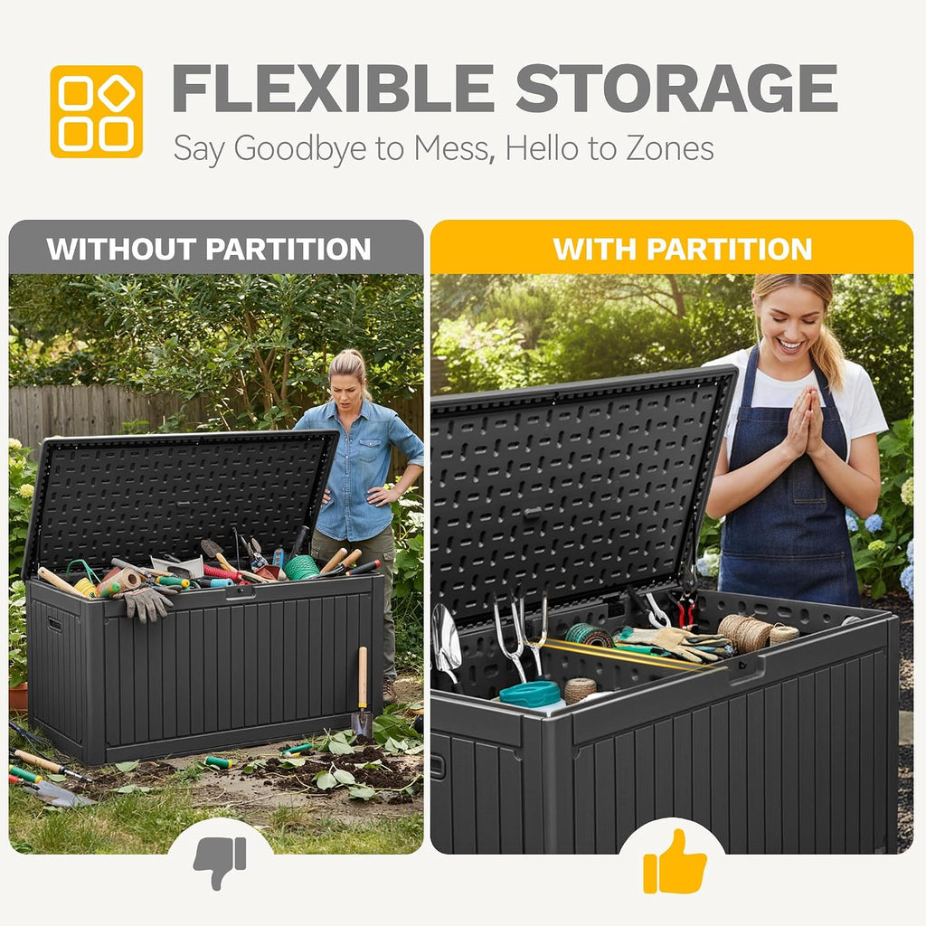 DWVO 320 Gallon Resin Outdoor Storage Box, XXL Double-Wall Waterproof Deck Box with Divider, Doubles as Table or Seating with 1000 lbs Capacity, Lockable (Black)
