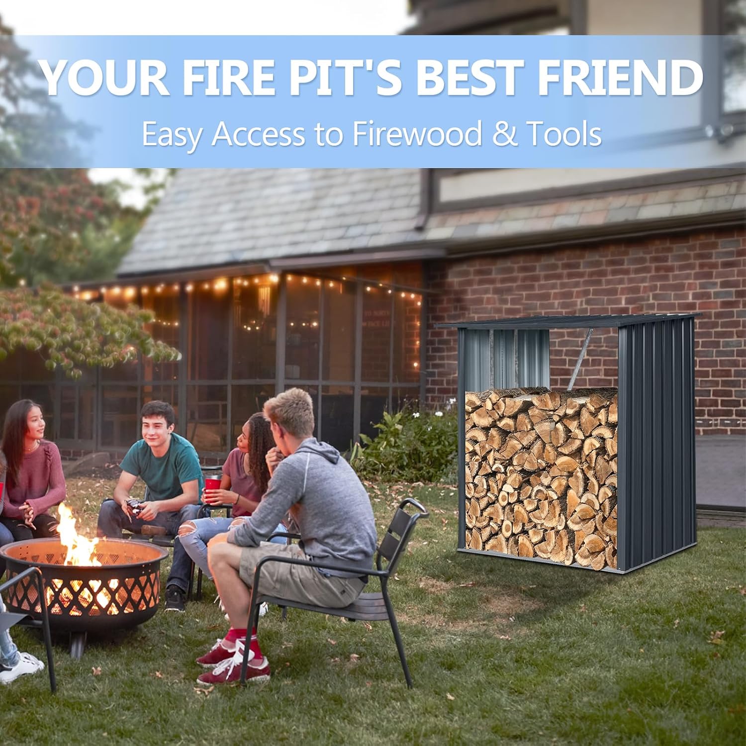 3' x5' Firewood Rack Outdoor, Metal Fire Wood Racks with Weatherproof Sloped Roof - Heavy Duty Galvanized Steel Log Rack, Open Wood Shed for Fireplace, Firewood, Pellet, or Lumber Storage - Black