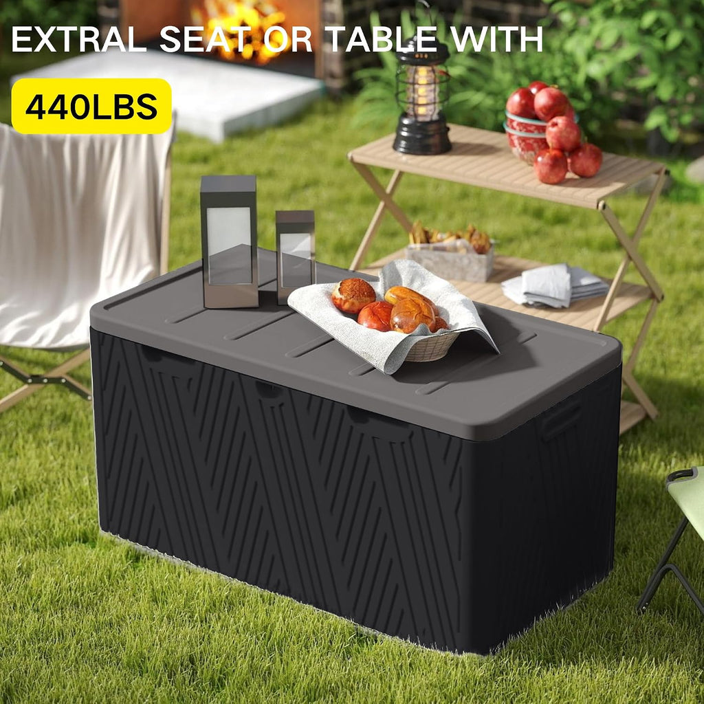 120 Gallon Outdoor Storage Box, Square Resin Deck Box with Hydraulic Lid, Waterproof Plastic Patio Storage for Cushions, Pool Supplies, Garden Tools, Black