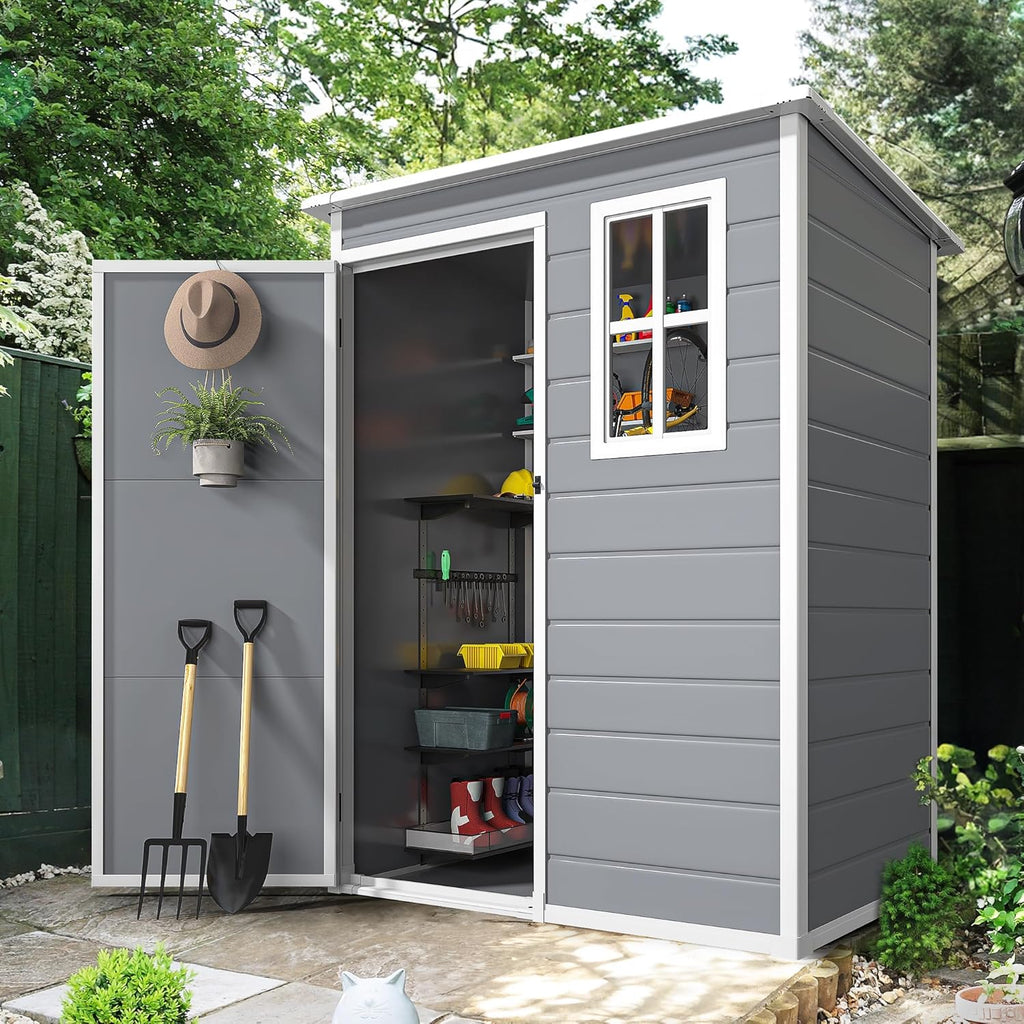 DWVO 5x3 FT Outdoor Storage Shed with Reinforced Floor, All-Weather Resin Storage Shed with Lockable Door & Window, Waterproof Plastic Tool Storage for Garden, Backyard, Patio, Lawn, Gray