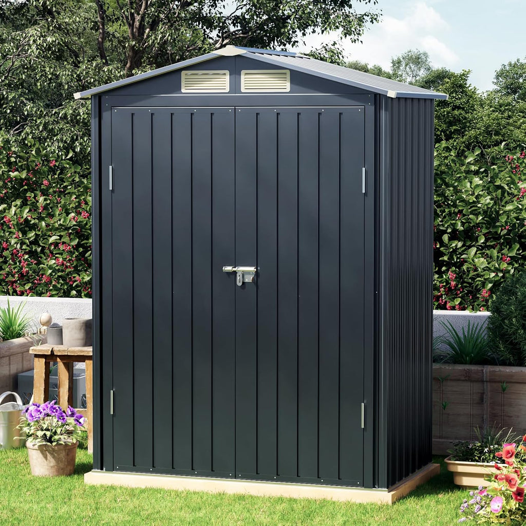 5x3 FT Outdoor Metal Storage Shed with Floor Frame, Double Door, 1 Clear Window, Tool Shed for Garden, Patio, Backyard