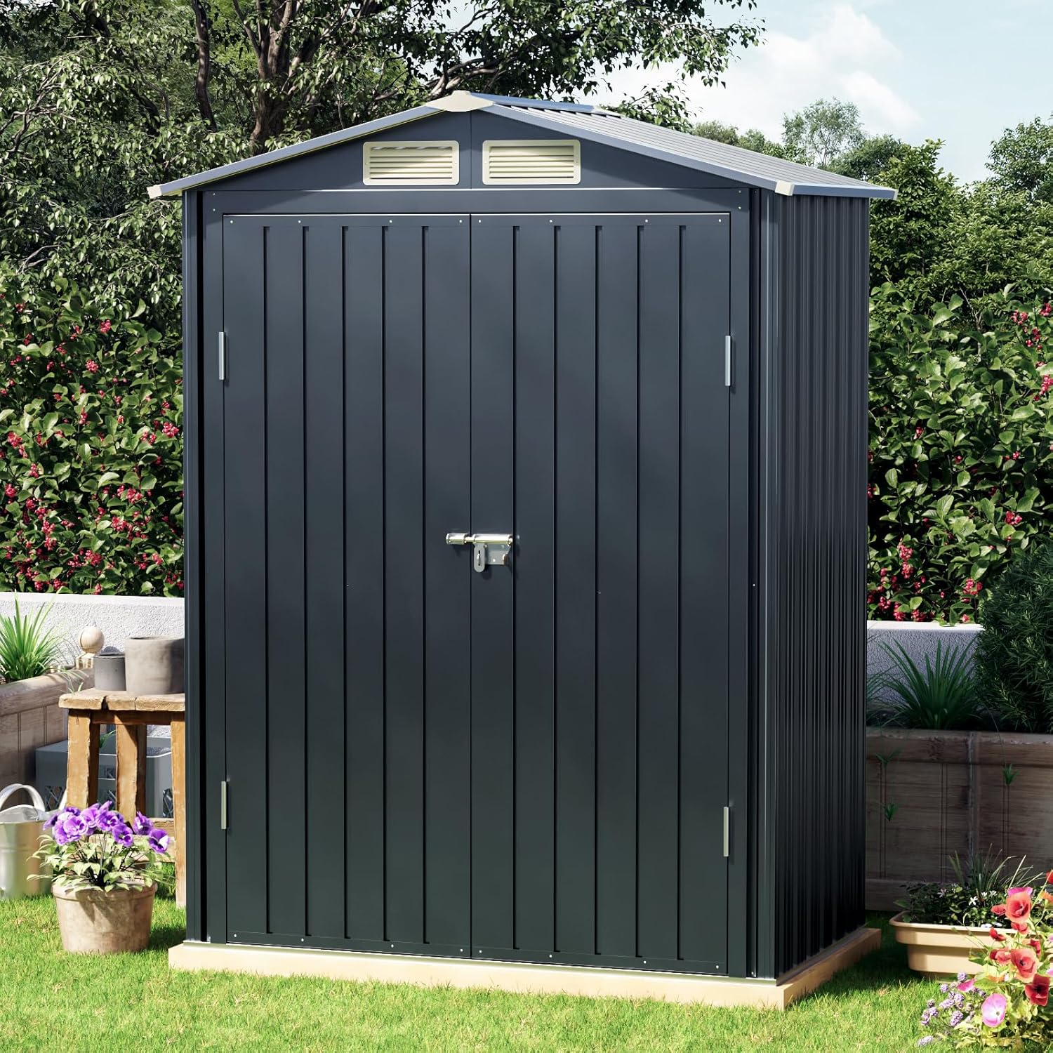 5x3 FT Outdoor Metal Storage Shed with Floor Frame, Double Door, 1 Clear Window, Tool Shed for Garden, Patio, Backyard