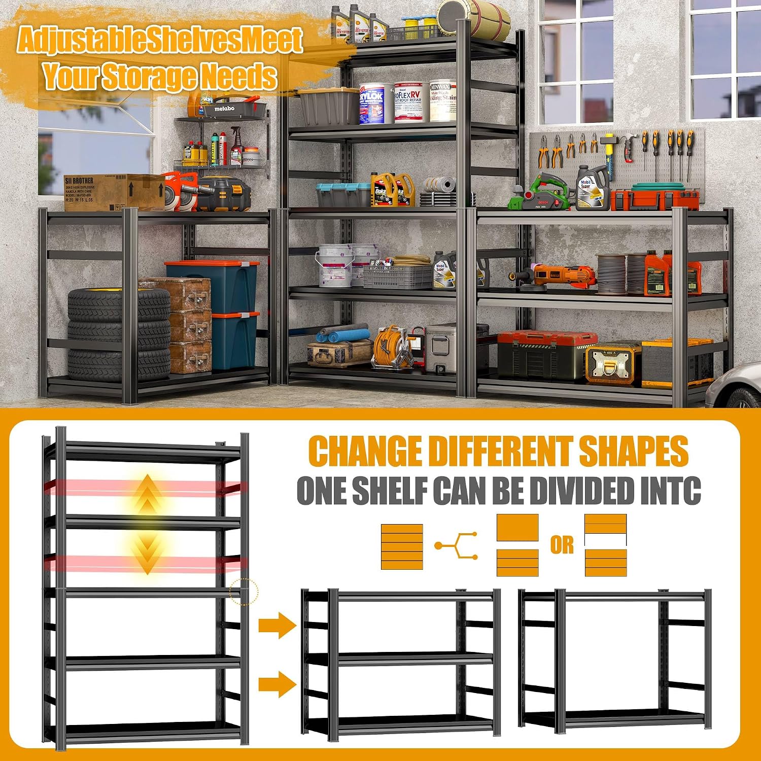 5-Tier Garage Shelving, 74''H*48''W*24''D Metal Storage Shelf ，2-in-1 Adjustable 3020 lbs Heavy Duty Unit Shelves, Upgraded Reinforced Double-Layer Columns for Basement Kitchen Pantry Rack