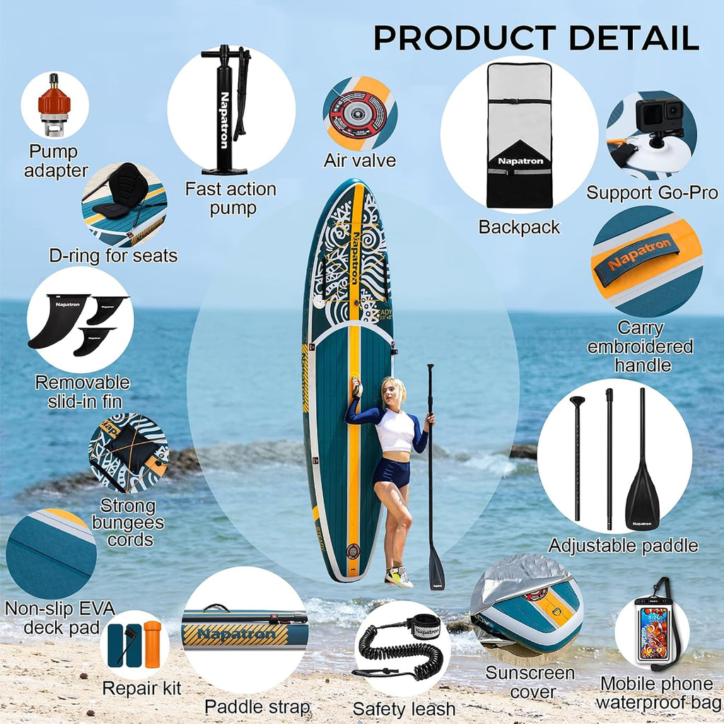 Napatron Inflatable Paddle Board, 10'6' Ultra Lightweight SUP with Adjustable Paddle, Anti-Slip Deck,Coiled Leash & Carry Bag,Stable All-Around Stand Up Paddle Board for Adults